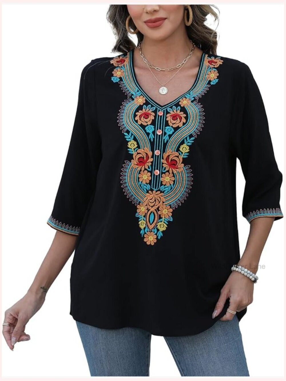 Boho Embroidered Peasant Blouse 3/4 Sleeve V-Neck Top